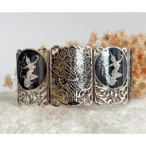Siam Sterling Silver Panel Peacock Multi Figure 925 Vintage Chunky Bracelet